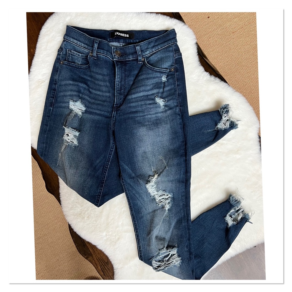EXPRESS High Rise Ripped Dark Ankle Jeans
